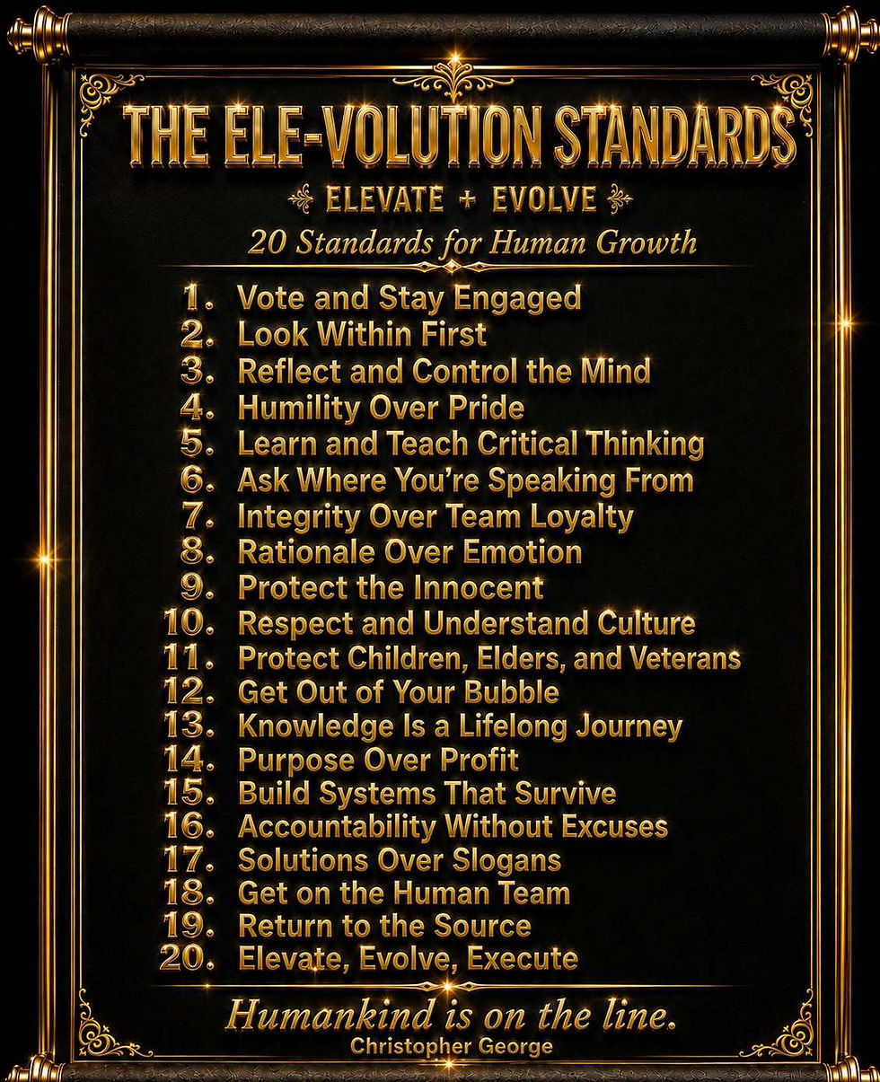 Gold-on-black poster listing 20 Ele-Volution Standards, with ornate frame and the slogan Humankind is on the line. Christopher George