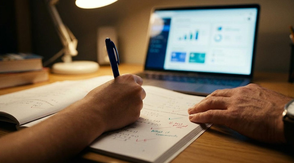 Child writing notes in a notebook while an adult hand points nearby, with a laptop showing charts on a warm desk.
