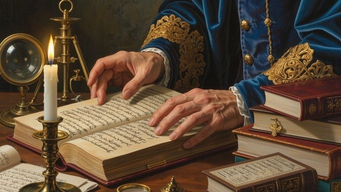 Hands in blue and gold robes studying a handwritten book by candlelight on a wooden table with stacked books; vintage and scholarly mood.