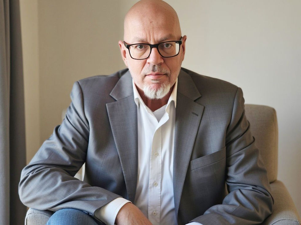 Bald man with glasses in a gray suit sits on a beige chair, looking serious. Neutral-colored background; no visible text.