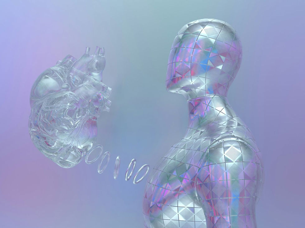 A silver geometric mannequin and a transparent heart face each other with circular elements linking them, set against a soft gradient background.