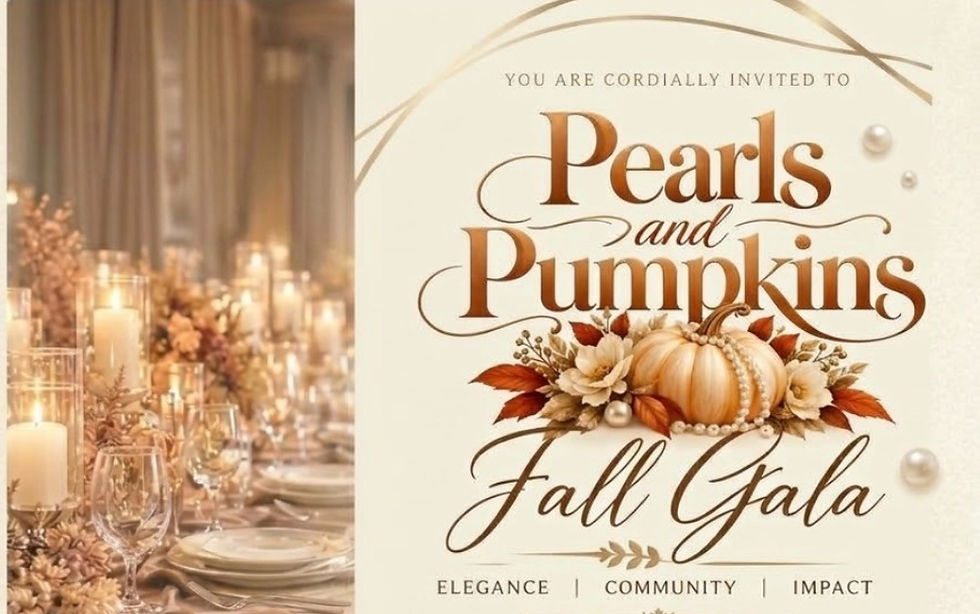 Fall gala invitation with pearls and pumpkins beside a candlelit autumn table; text reads You are cordially invited to Pearls and Pumpkins.