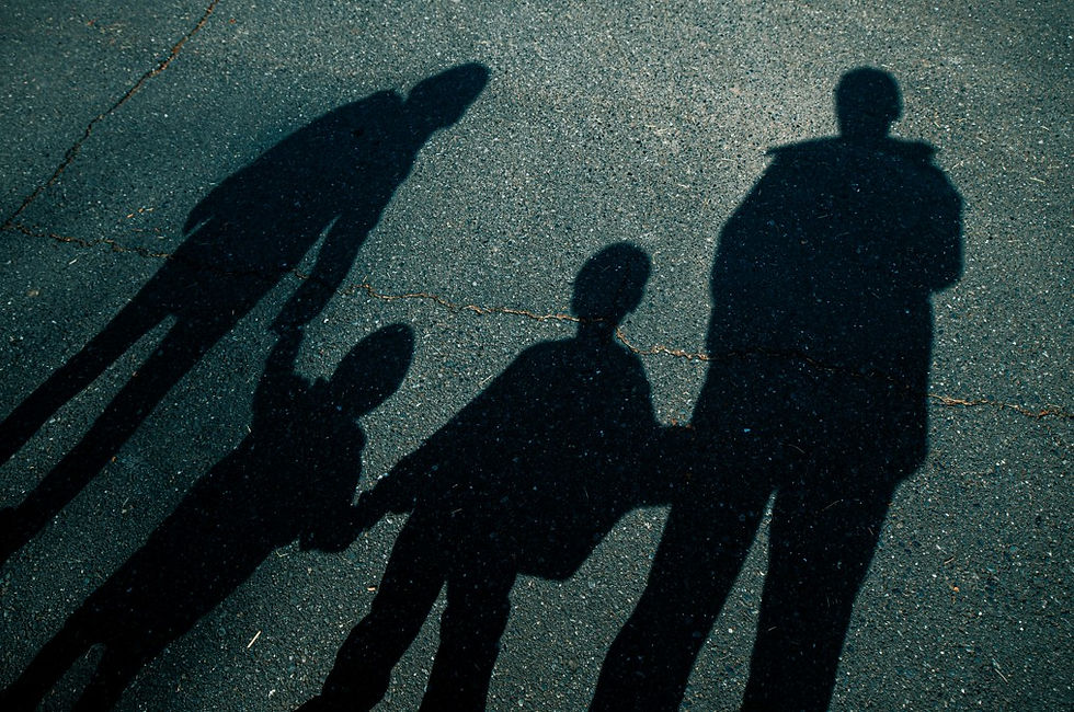 Shadows of three people on sunlit pavement, including one small child, creating a calm, abstract scene.