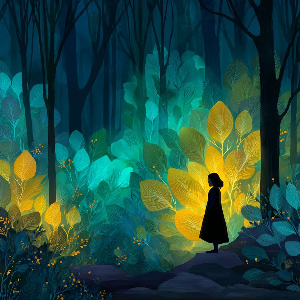 A silhouette of a girl stands in a dark forest, illuminated by vibrant yellow and teal glowing leaves.