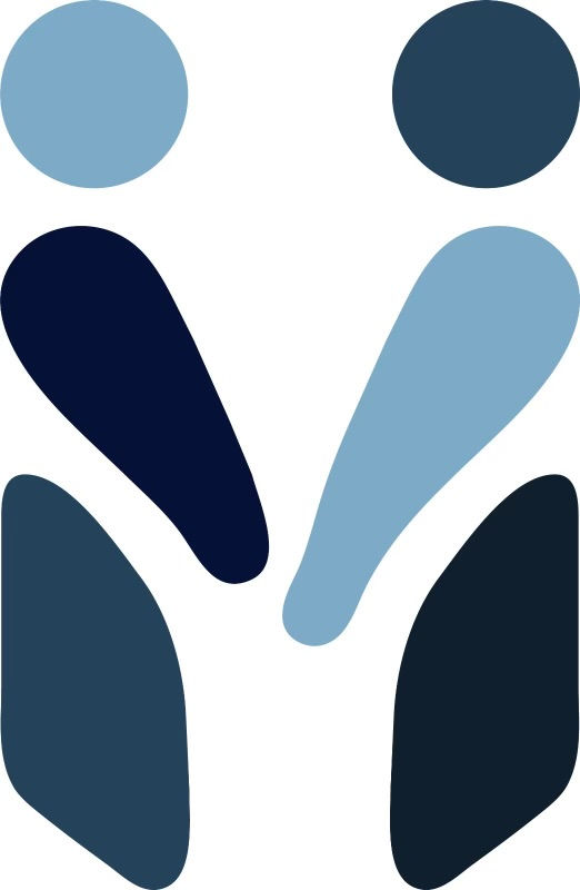 The image shows a minimalist abstract design of two human-like figures facing each other, created with simple blue geometric shapes.