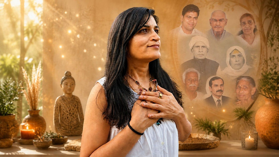 Woman in white stands with hands on heart before a warm memorial collage of family portraits, candles, and plants