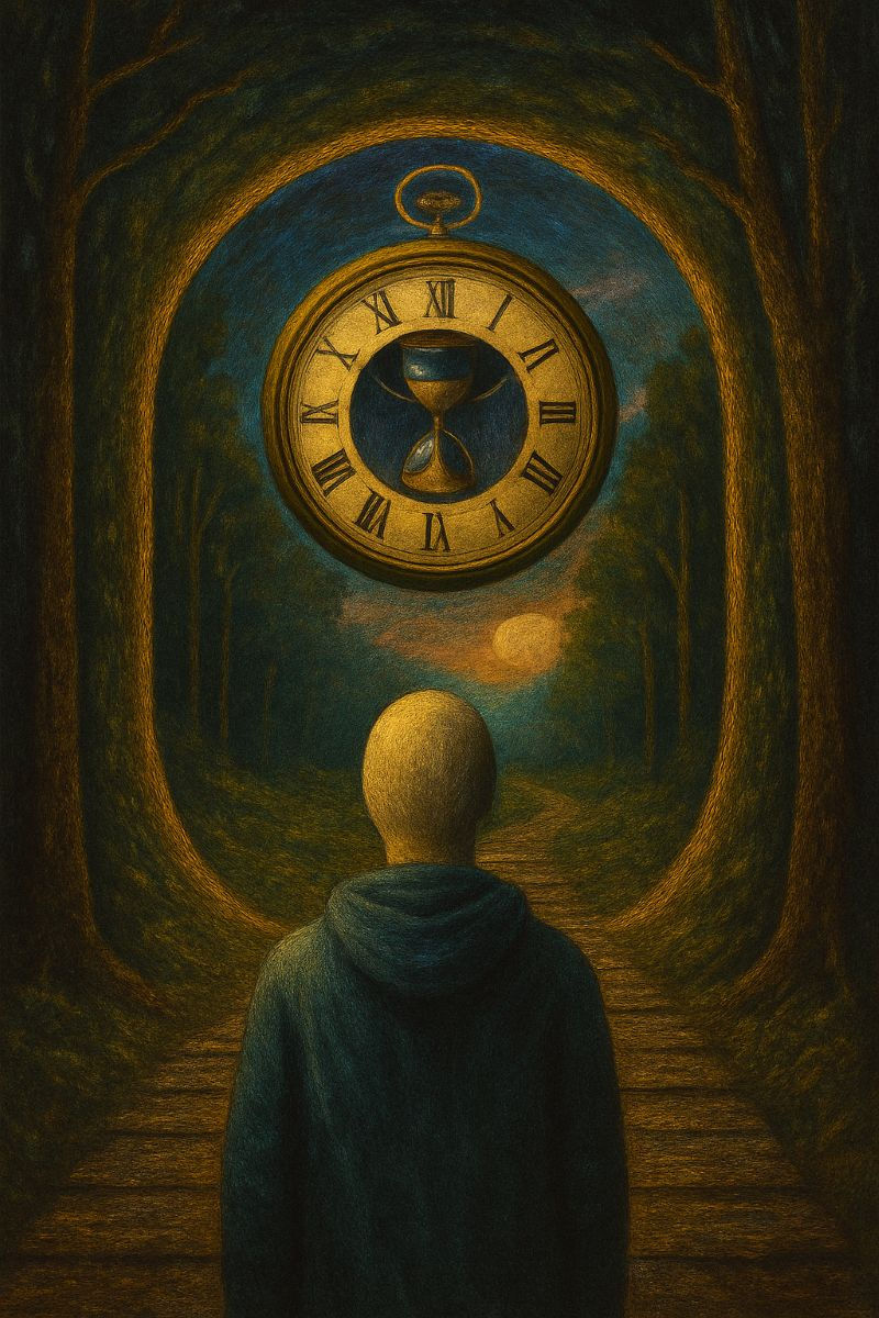 A figure in a hood faces a large clock with an hourglass inside, set in a forest path under a twilight sky. The scene feels contemplative.