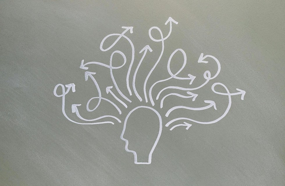 The photo shows a white chalk drawing on a green chalkboard, depicting a head in profile with arrows emerging from it in various directions, symbolizing thoughts or ideas.