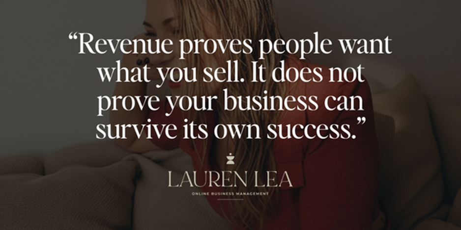 A woman in a red sweater sits on a brown couch. Overlayed text reads, "Revenue proves people want what you sell..." and "LAUREN LEA ONLINE BUSINESS MANAGEMENT."