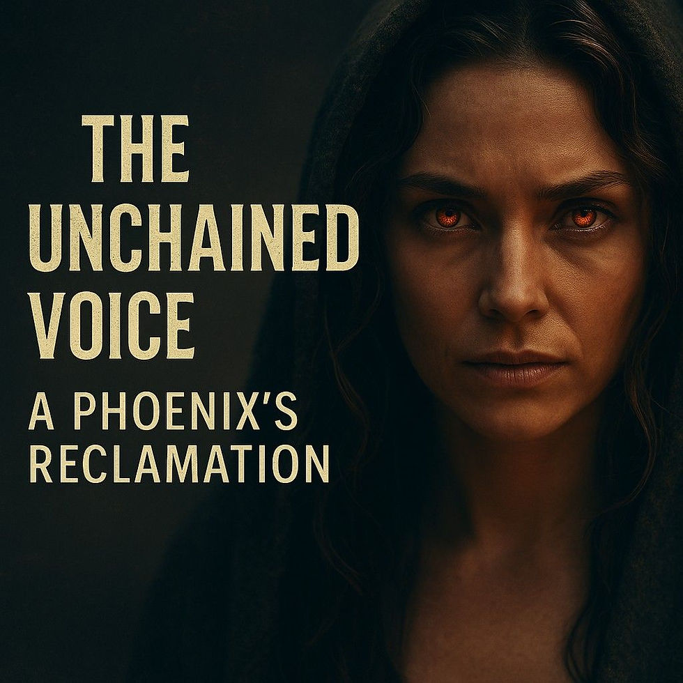 Woman with intense gaze, hooded, dark background. Text: "The Unchained Voice: A Phoenix's Reclamation." Serious mood.