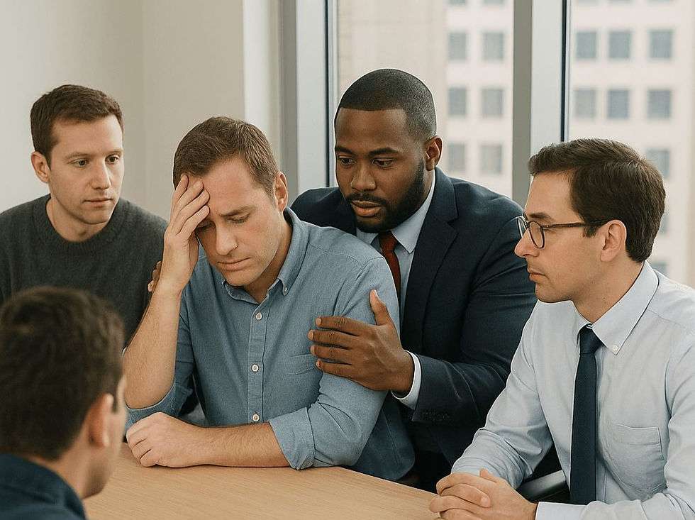 A group of men are sitting at a table, with one man appearing stressed while others offer him support.