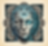 Stylized half-human, half-cyborg face with glowing third eye, blue circuit patterns, and gears on a beige background.