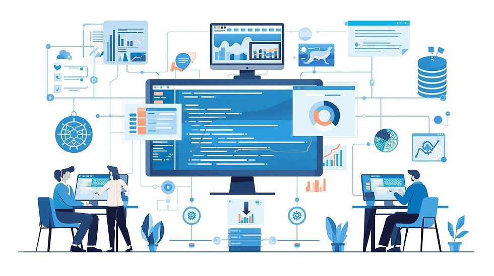 Two people at desks with computers, surrounded by blue charts, graphs, and data icons on screens, suggesting a data analysis setting.
