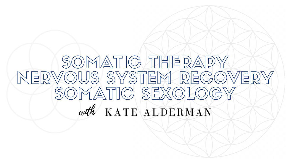 Text on white background reading: Somatic Therapy, Nervous System Recovery, Somatic Sexology with Kate Alderman. Overlaid on geometric pattern.