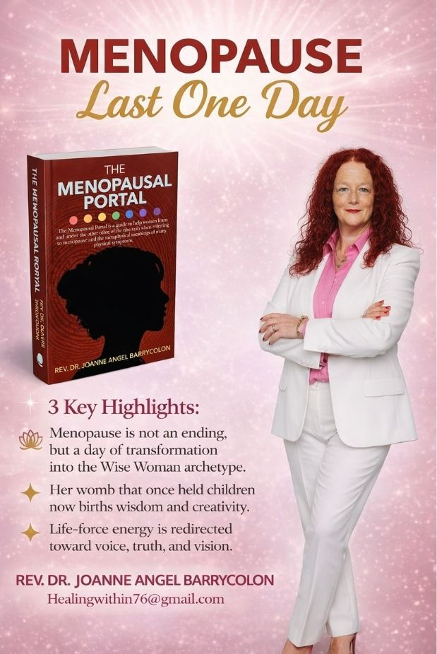 A woman in white and pink stands beside a book titled "The Menopausal Portal." Text highlights key menopause insights, set against a pink background.