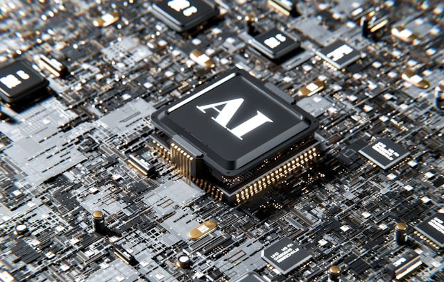Close-up of a black AI chip glowing on a complex circuit board, with other microchips and metallic components in view.