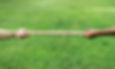 Two people are playing tug-of-war, each pulling on opposite ends of a thick rope over a grassy field.