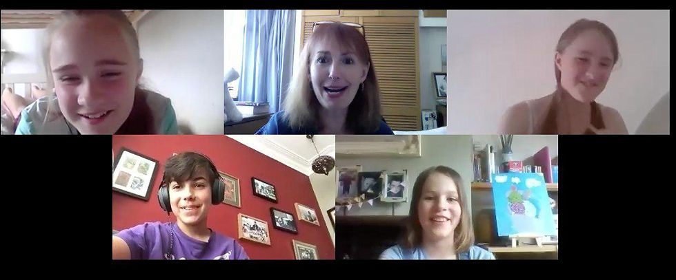 Five smiling people in a video call collage, including a child with headphones and a girl showing a colorful painting.