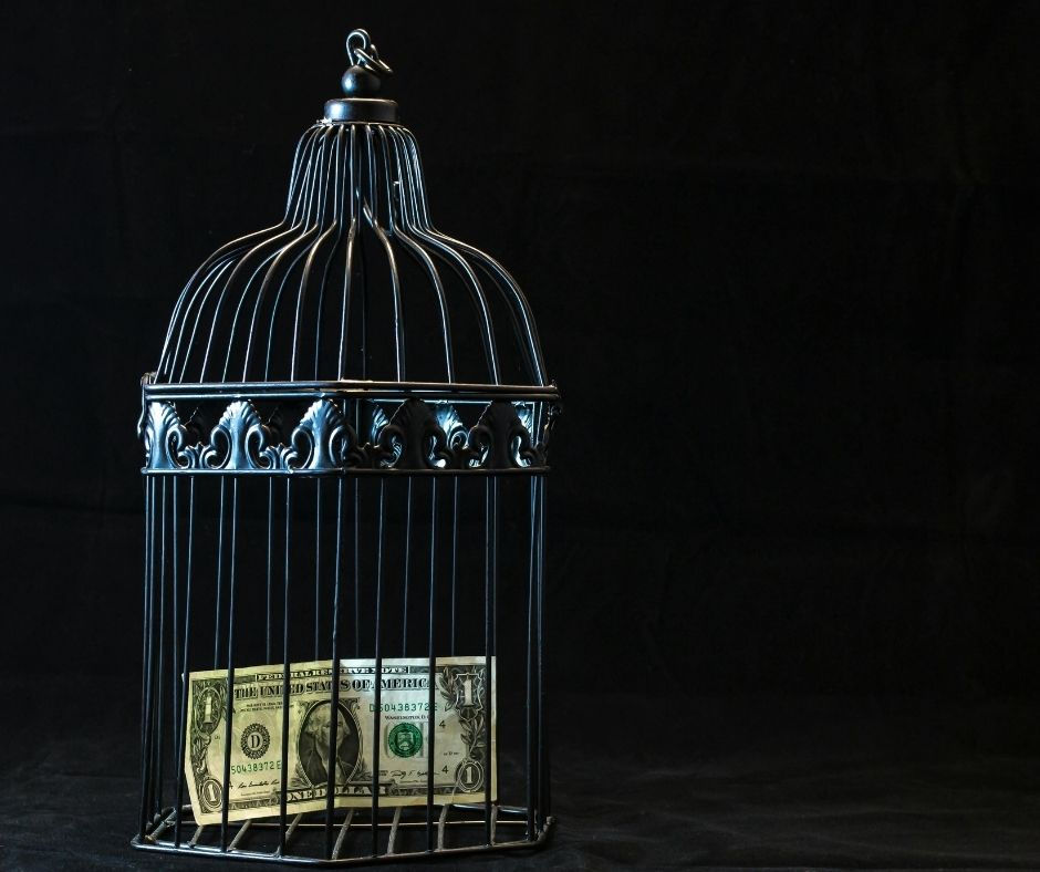 A dollar bill inside a decorative, black birdcage against a dark background, conveying a trapped or restricted financial concept.