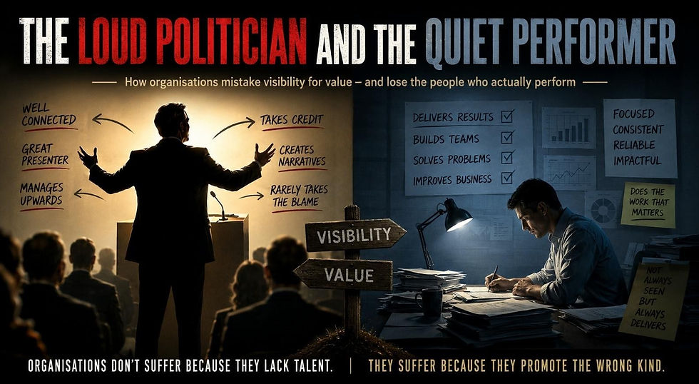 Infographic poster comparing loud politician and quiet performer, with a speaker and worker at desks, highlighting visibility vs value.