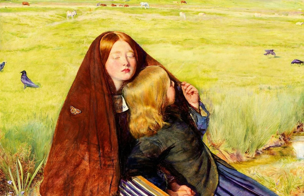 Two children sit in a grassy field, one with a brown veil labeled "BLIND." They're surrounded by birds and distant cattle, conveying calm.