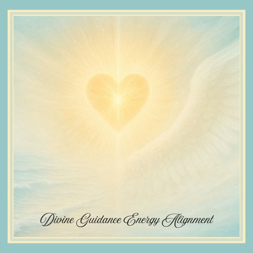 A glowing heart with angel wings and light rays on a pastel blue background. Text: Divine Guidance Energy Alignment. Peaceful mood.