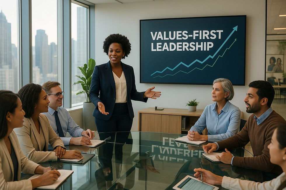 A woman leads a meeting in a modern office. Six colleagues listen attentively. "Values-First Leadership" is displayed on the screen.