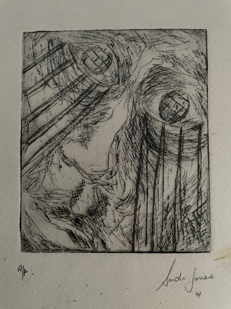 Abstract black and white etching of a face with swirling lines and textured patterns. Signed bottom right, dated '94. Mysterious mood.