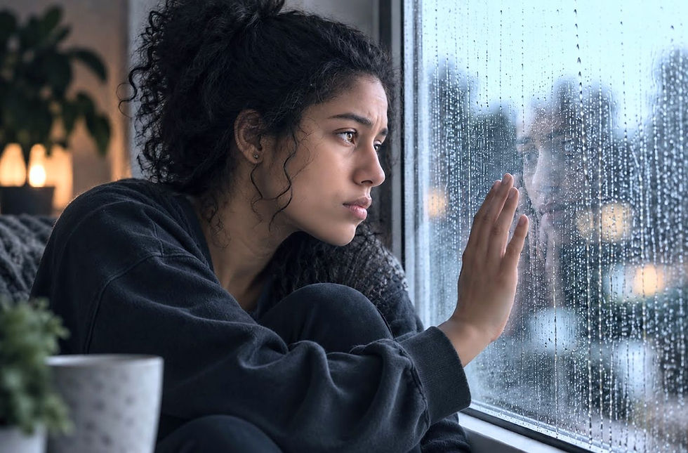Young woman in a dark sweatshirt gazes out a rain-speckled window, hand on the glass, looking pensive indoors.