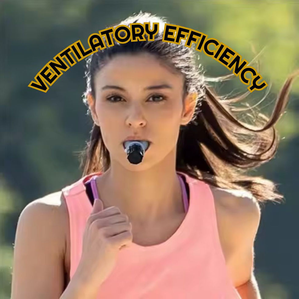 A woman in a pink tank top runs with a device in her mouth. "Ventilatory Efficiency" text arches above. Background is green and blurred.