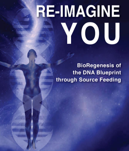 The image features a futuristic, ethereal design with a human figure emerging from or merging with a glowing DNA helix.