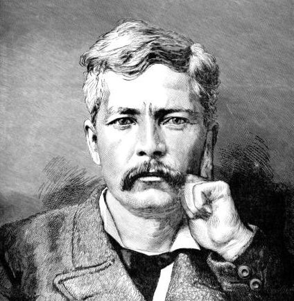 Black-and-white portrait of a serious mustached man in a suit, resting his fist on his chin against a plain background.