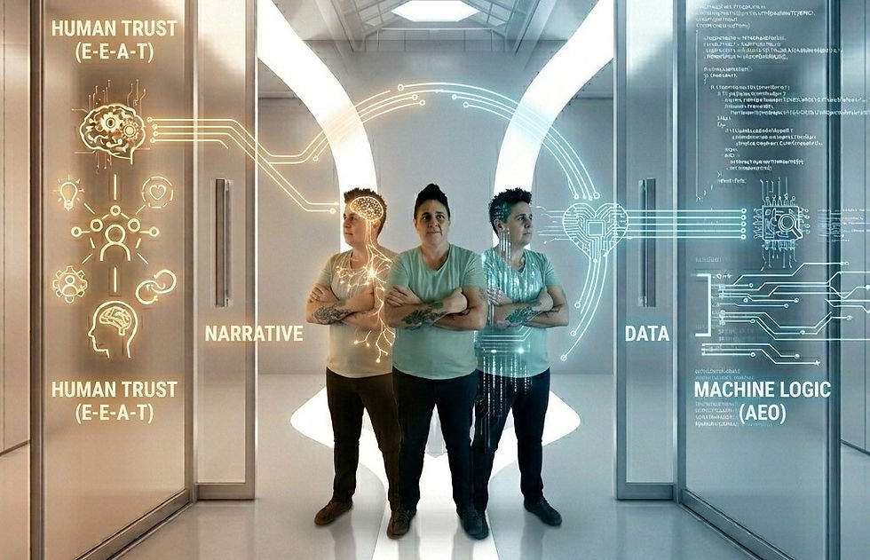 Three people stand with crossed arms in a futuristic hallway. Digital graphics with text "Human Trust" and "Machine Logic" surround them.