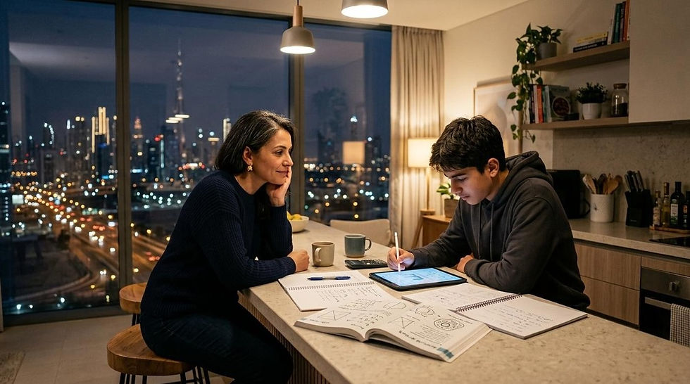 Woman and teen study at a kitchen island with tablet and notebooks, overlooking a city skyline at night.
