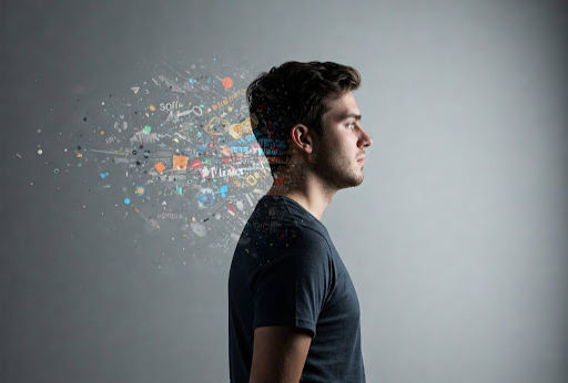 Profile of a person against a gray background with a colorful, abstract explosion of symbols and words emerging from their head.