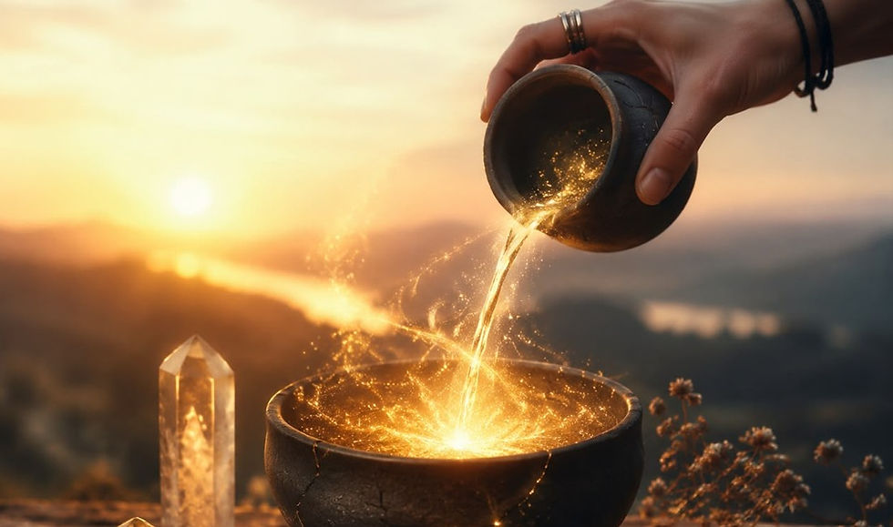 Hand pours glowing liquid into a bowl at sunset, with a crystal beside it and a warm magical glow.