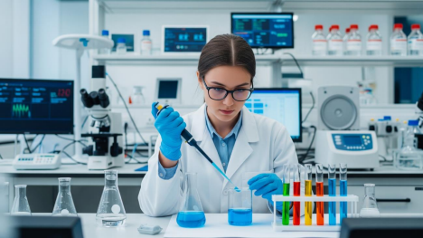 Scientist in a lab coat uses a pipette with blue liquid, surrounded by test tubes and equipment, in a modern laboratory setting.