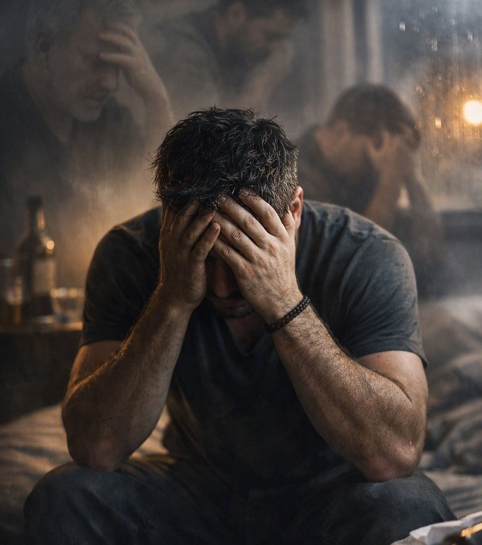 Distressed man sits with hands over his face in a dim, smoky room, with blurred reflections of him in the background.