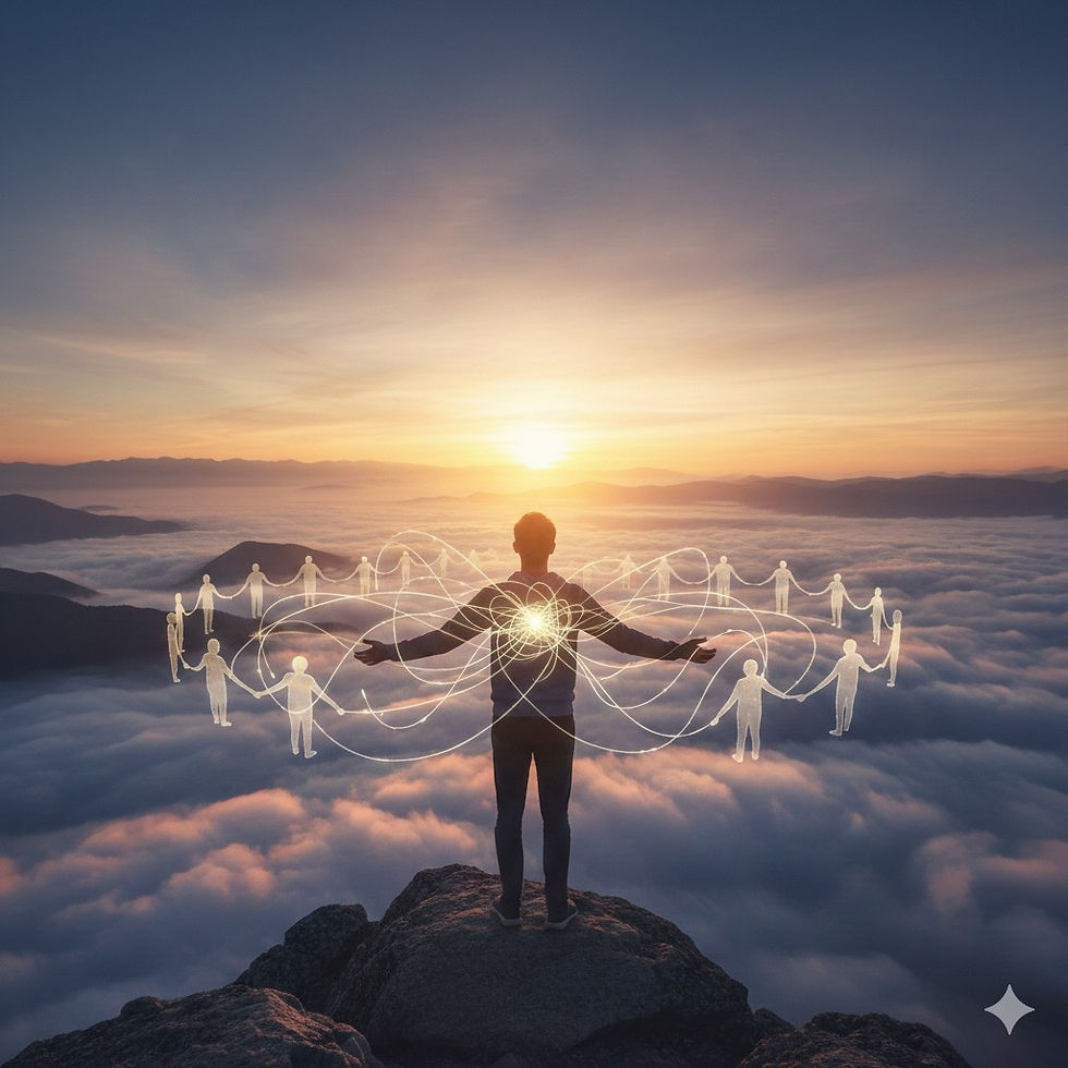 Person stands on mountain at sunrise, arms outstretched. Glowing human symbols connect in an arc. Background: clouds and sky in soft hues.