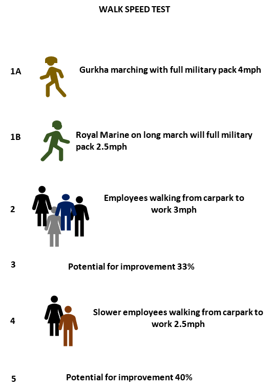 "Walk Speed Test chart: Gurkha 4mph, Royal Marine 2.5mph, employees 3mph, slower employees 2.5mph. Potential improvements 33%-40%."