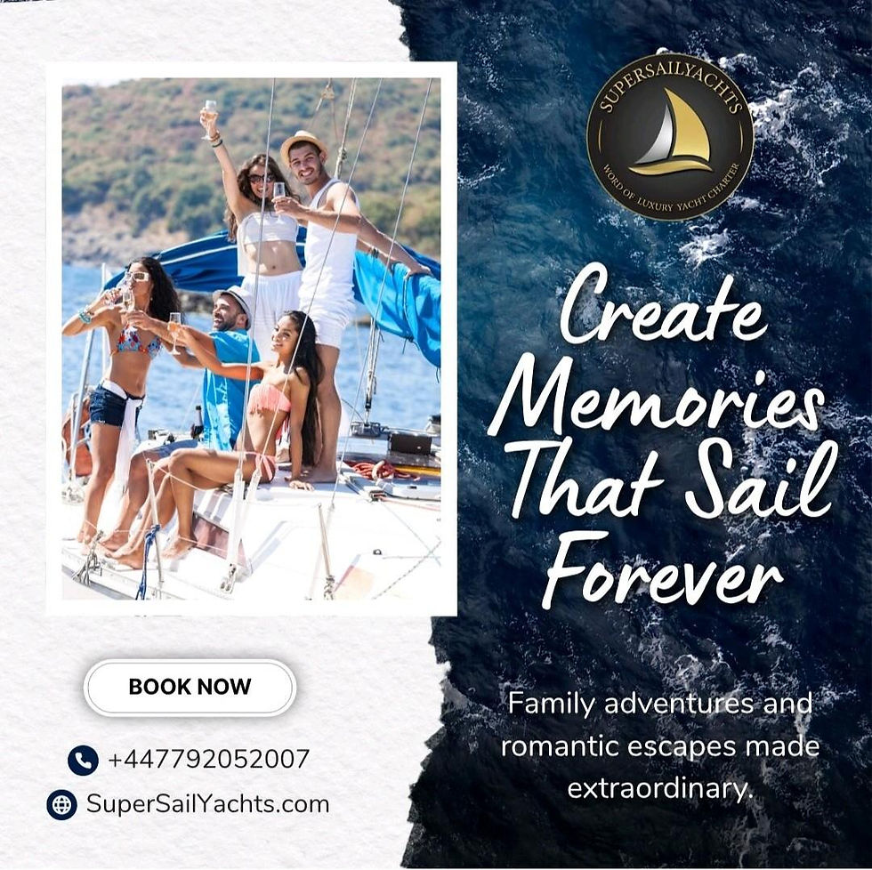 Group of friends toasting on a yacht under a sunny sky. Text: "Create Memories That Sail Forever". Contact details included.