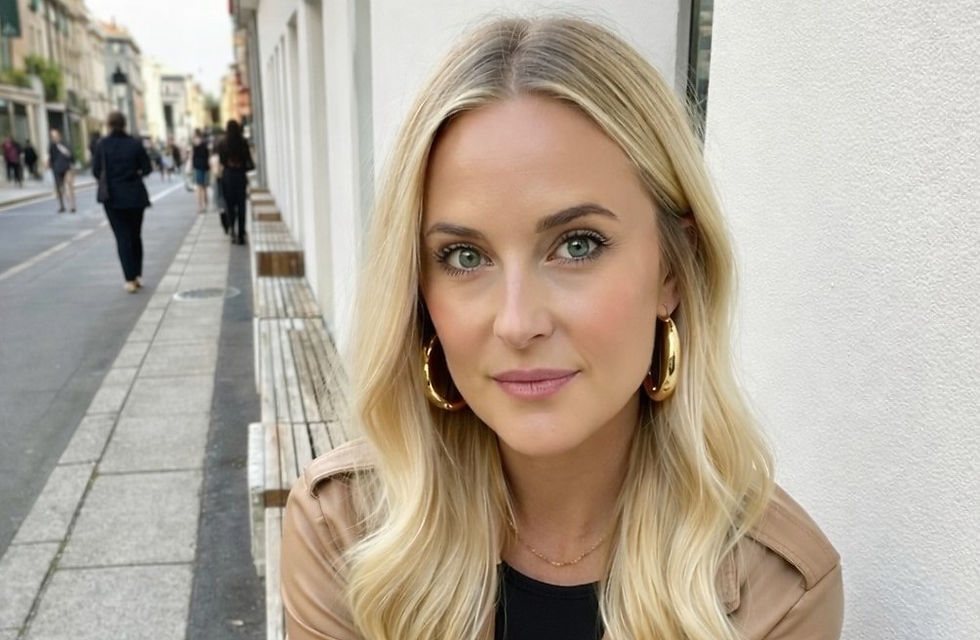 Woman with blonde hair and gold hoop earrings sits against a white wall. Street with people walking in the background on a sunny day.