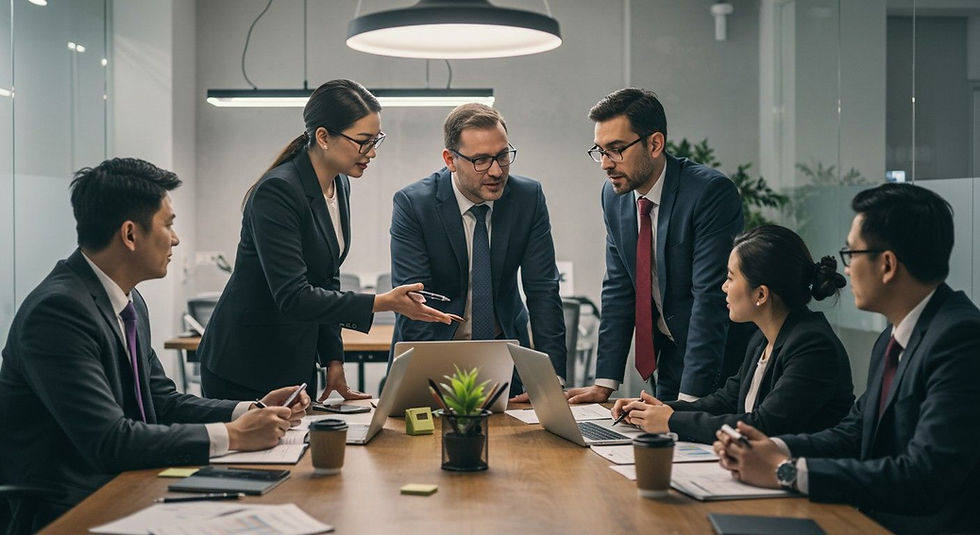 Business meeting with six people in suits around a table, focused on a laptop. Modern office setting, neutral tones, collaborative mood.