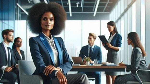 Businesswoman in a blue suit sits confidently in a modern office. Group in background discusses around a table. Bright, professional setting.