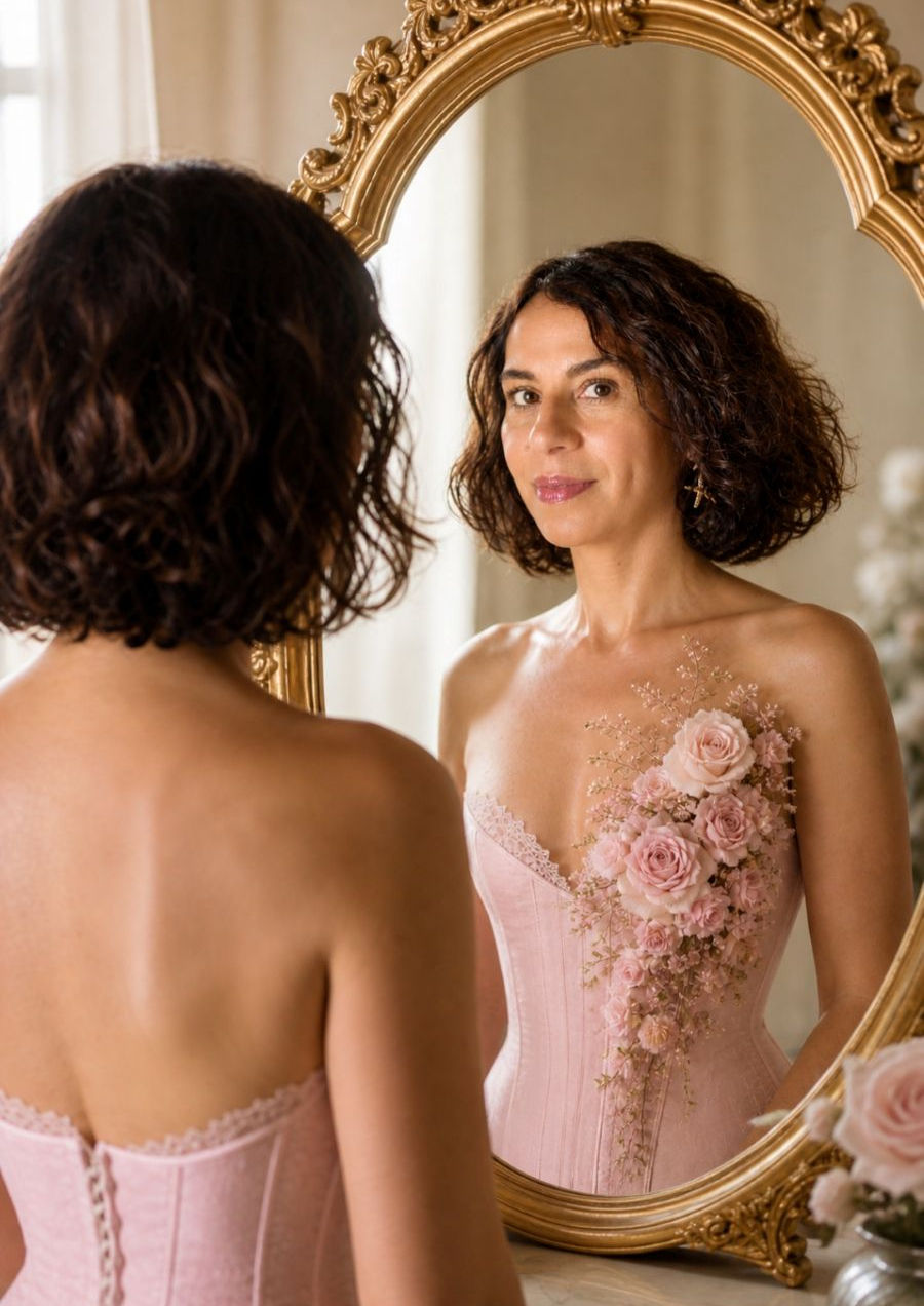 Woman in a pink corset adorned with flowers, gazing into an ornate mirror. Soft lighting and a serene ambiance in a classic setting.