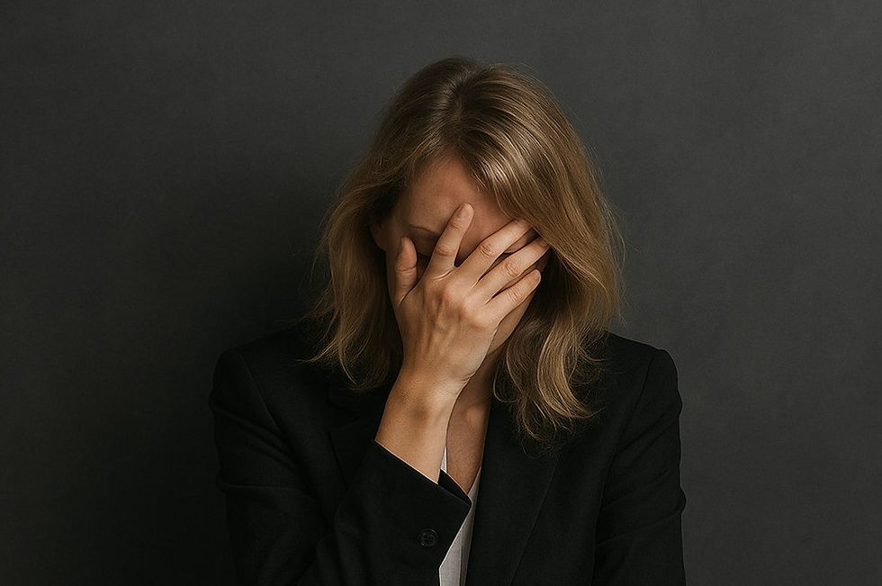 A person in a black blazer covers their face with one hand, conveying stress or sadness against a dark gray background.