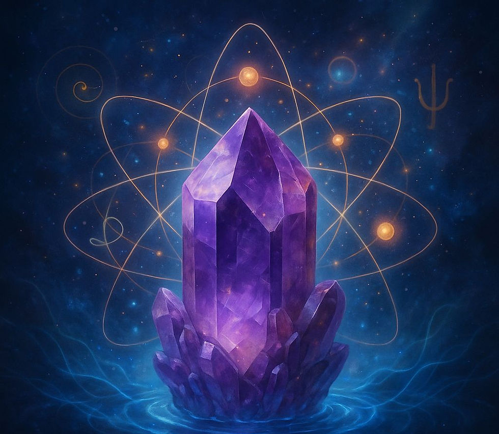 Here is a short description of the image: A large, purple crystal is surrounded by a glowing, atomic-like structure against a dark blue, starry background.