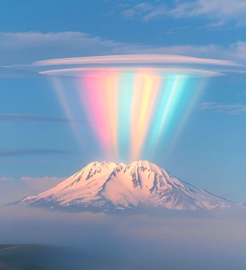 Mountain with snow-covered peak under a clear sky. Colorful, ethereal beams of light, including pink, yellow, and blue, radiate upwards.