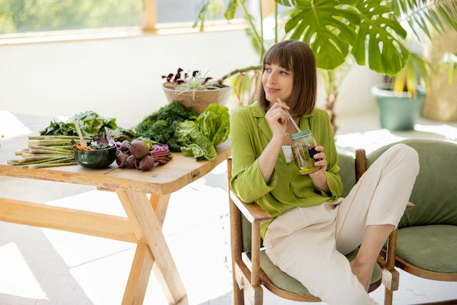Woman in a green shirt relaxes with a jar drink beside a table of fresh vegetables in a bright, plant-filled room.