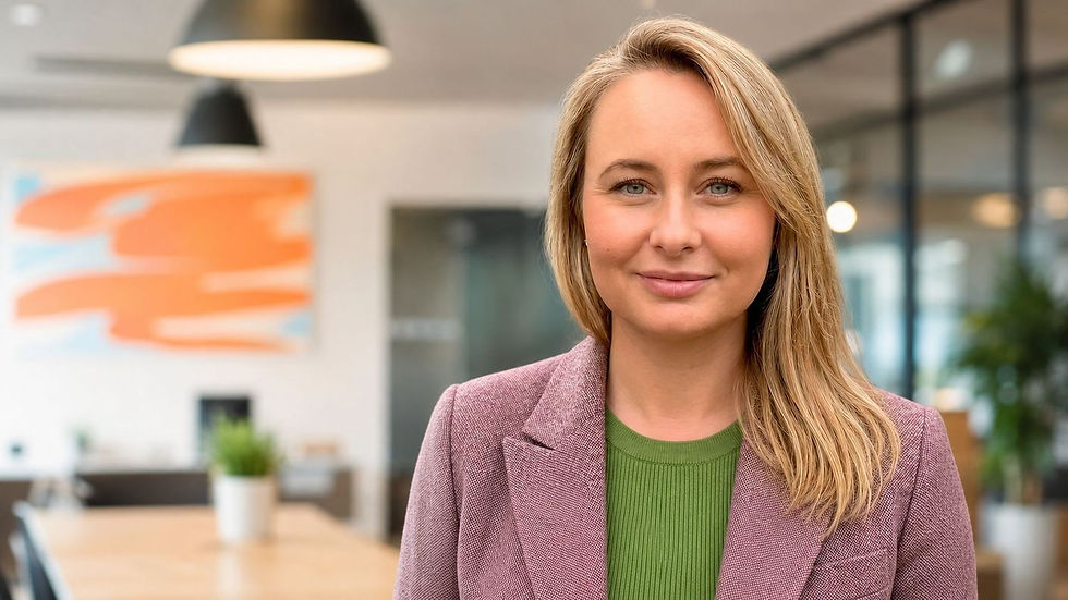 Smiling blonde woman in a purple blazer and green top in a modern office, with blurred desks, lamps, and orange wall art behind her